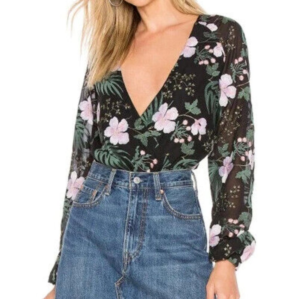 LOVERS & FRIENDS Laya Bodysuit XS‎ Black Pink Green Embroidered Long Sleeve